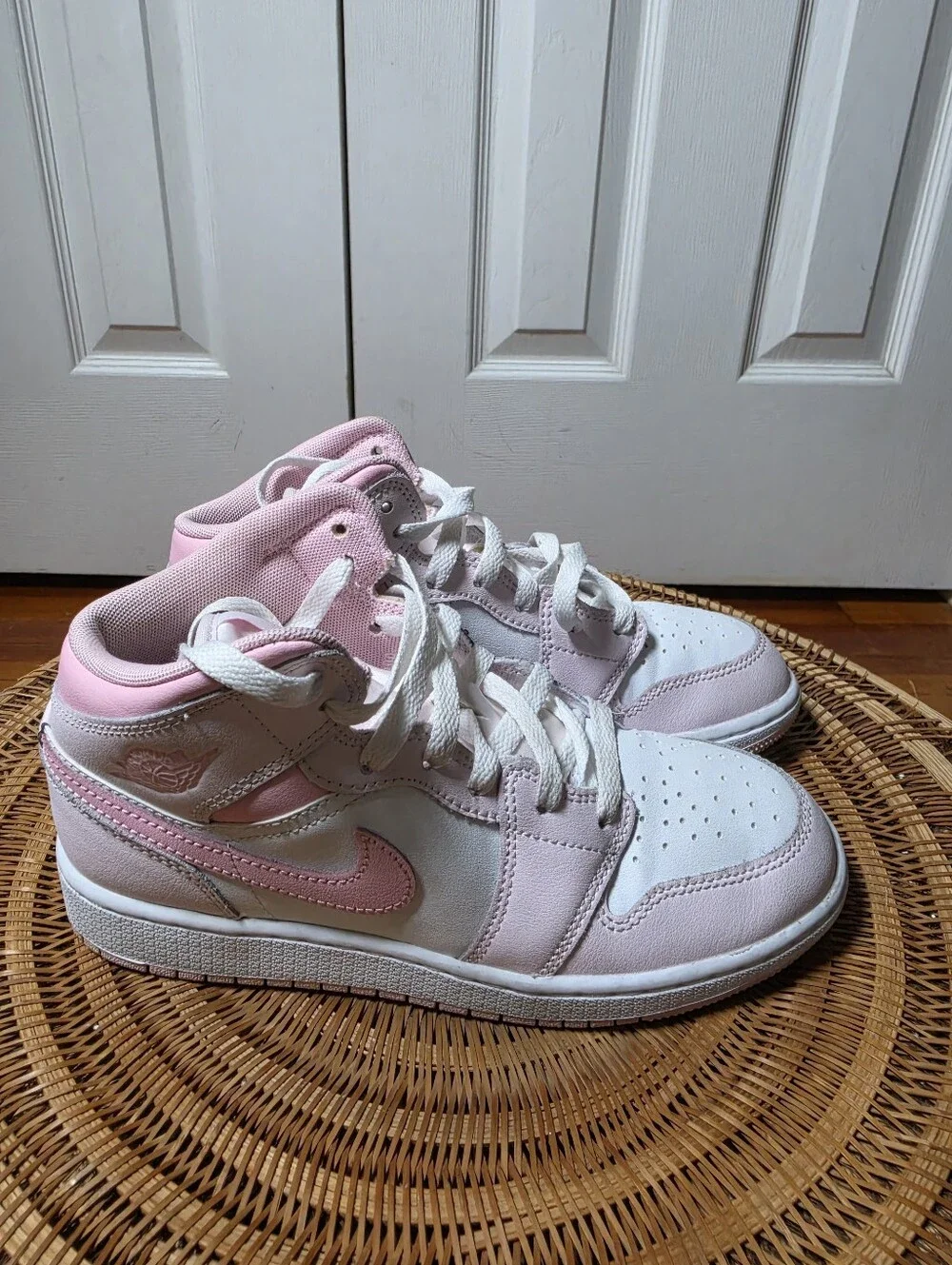 Jordan AJ 1 Mid Big Girls Size 4.5 Pink and White High Top Sneakers